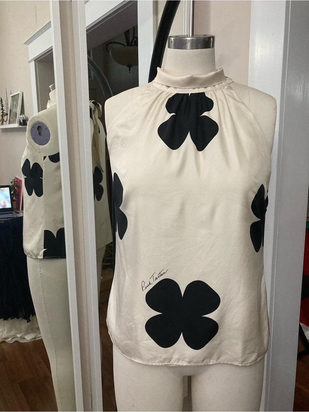 Pink Tartan Cream Sleeveless Halter Top with Black Floral Motif
